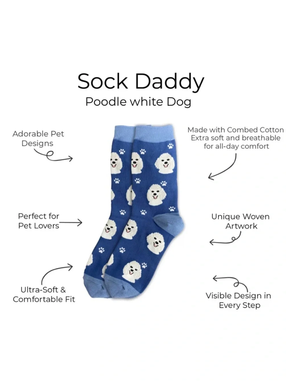 NWT ✨ Sock Daddy Blue with white Poodle Dog Pattern Crew Socks - unisex